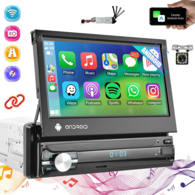 Carplay Android 13 Flip Out Car Stereo Single 1 Din 7'' Radio GPS Navi Wifi  +Cam