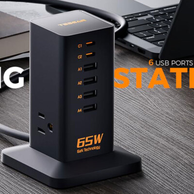 USB-C Fast Charging Port 65W,6 Port GaN USB Fast Charger Tower with 3 Outlets