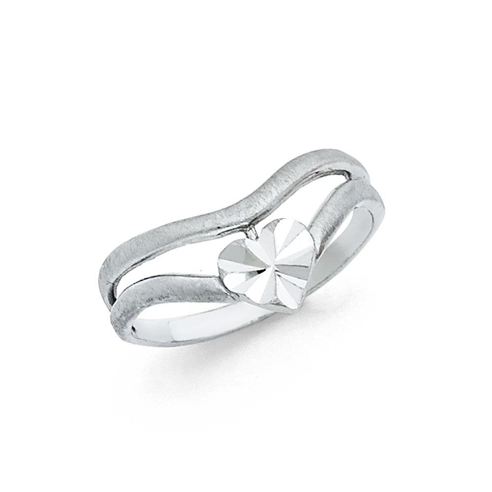 14k White Gold Thumb Heart Ring Curve Design Diamond Cut Satin Polished