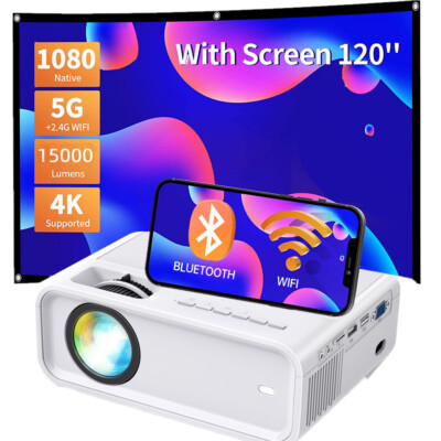 4K Projector 5G WiFi Bluetooth 32000LM 1080P HD Movie Home Theater+120'' Screen