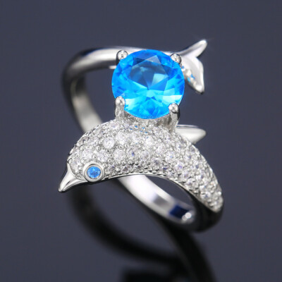 Dolphin Cute Ring 925 Silver Filled Ring CZ Zircon Women Wedding Jewelry Sz 6-10