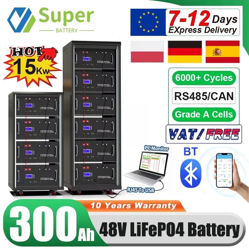LiFePO4 48V 300Ah Battery Pack 6000 Cycles Bluetooth RS485 CAN BMS 51.2V 100Ah 1