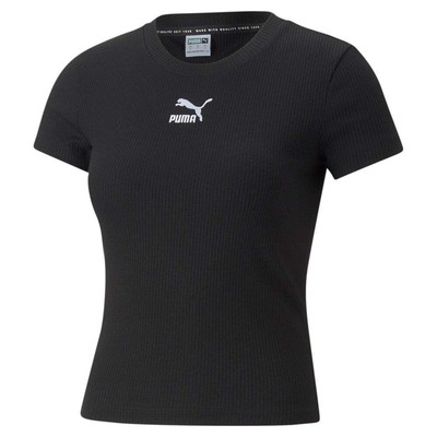 

Puma Classics Ребристая тонкая футболка с круглым вырезом и коротким рукавом Женская черная повседневная футболка, Черный