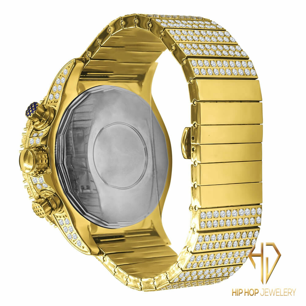 Pre-owned Blingmaster Men's Solid Stainless Steel Yellow Gold Tone Simulated Diamond Custom Watch 48mm