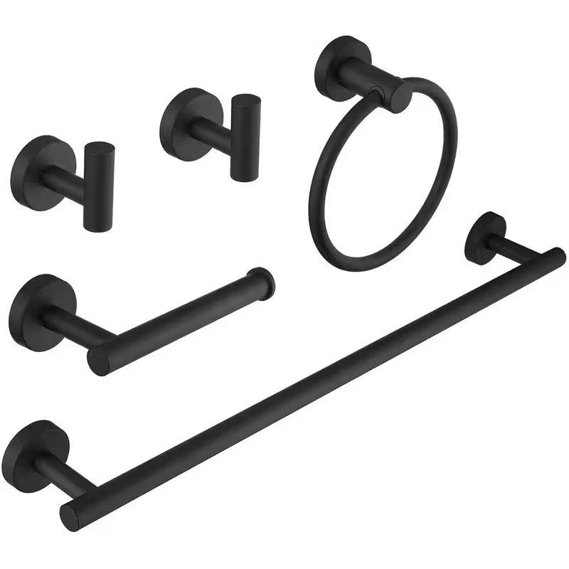 Bathroom Hardware Set 5 pc Towel Bar Toilet Paper Holder Towel Ring Hooks Black
