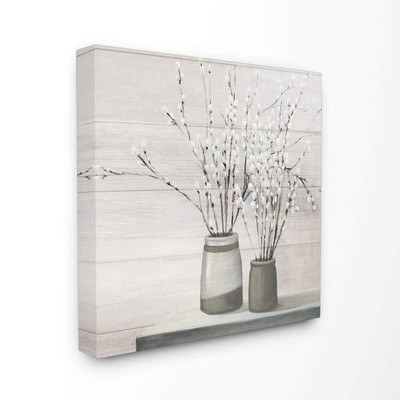 Willow Flower Still Life Neutral Grey Painting Canvas Wall Art, 30x30, Multic...