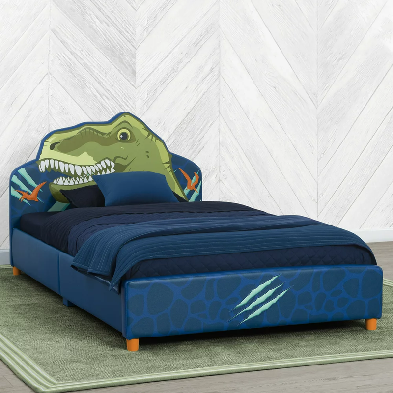 KIDS TWIN BED Dinosaur Upholstered Bedframe, Boys Childs Blue