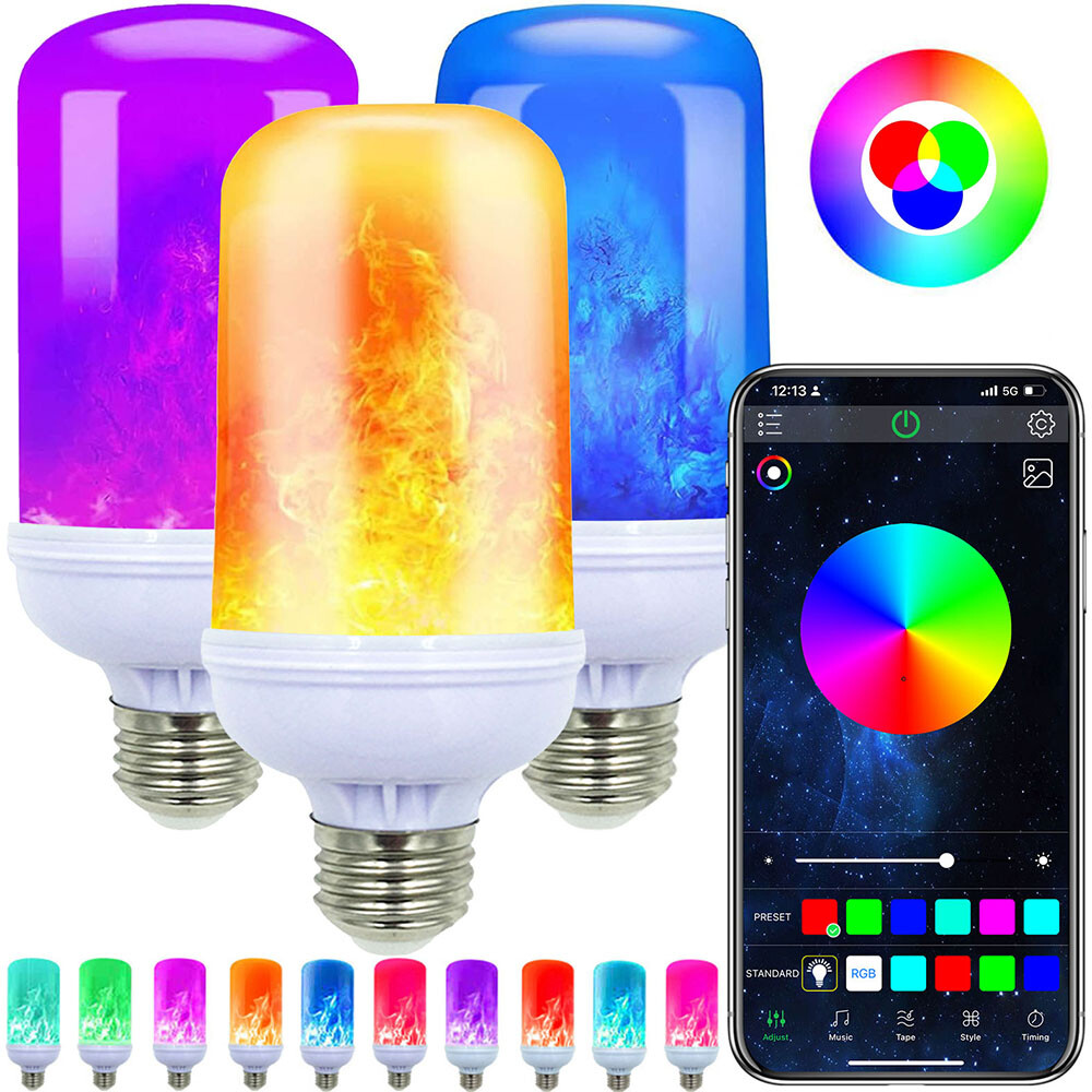 E26/E27 RGB Music Sync LED Flame Effect Light Bulb Bluetooth APP Control Timer