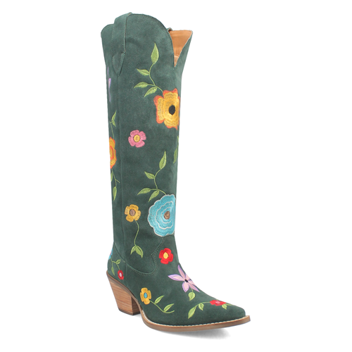 Pre-owned Dingo Flower Power Embroidered Floral Snip Toe Cowboy Womens Green Casual Boots