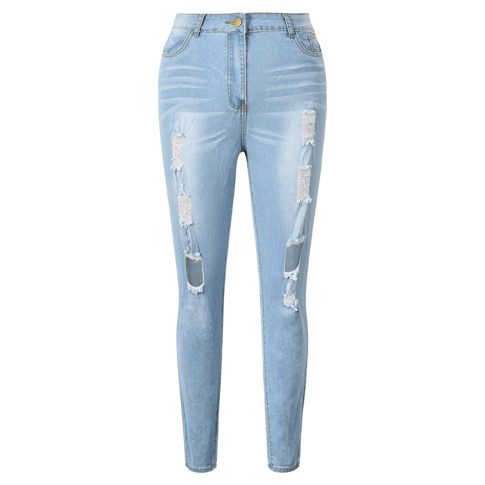 Women Ripped Denim Jeans Pencil Pants Stretch Skinny High Waist Jegging Trousers