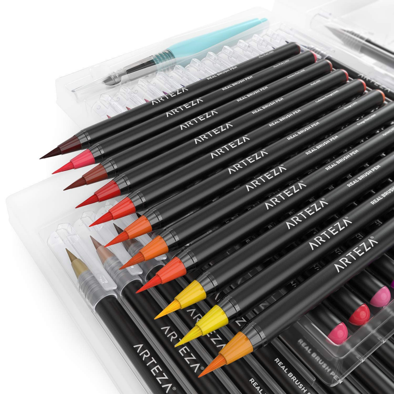 Arteza Real Brush Pens, 48 Colors for Watercolor Painting with Flexible Nylon Ti