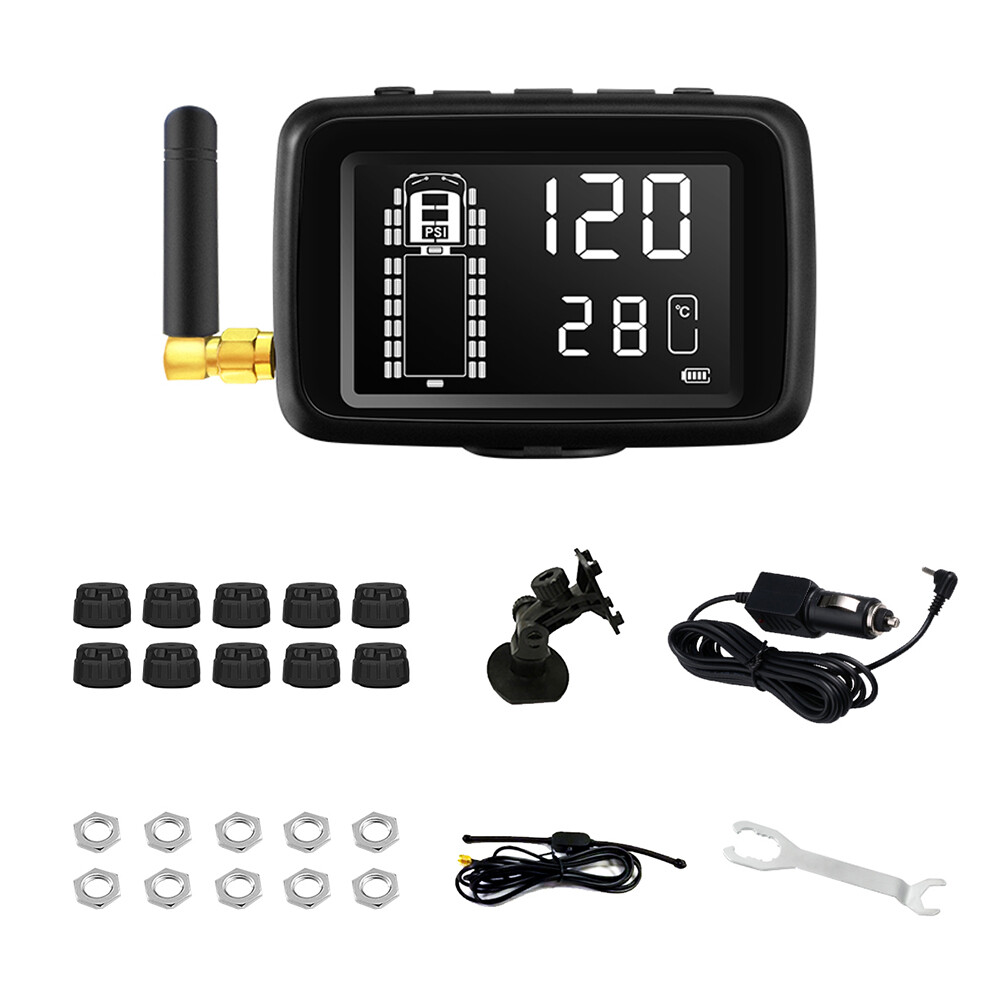 The Tire Pressure & Temperature Monitoring System is crucial for driving safety and includes an antenna, sensors, mounting equipment, power cables, and installation tools arranged for easy setup.