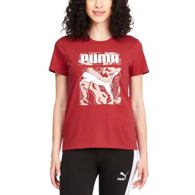 

Puma Camo Box Crew Neck Футболка с коротким рукавом Женские красные повседневные топы 588564-84, Красный