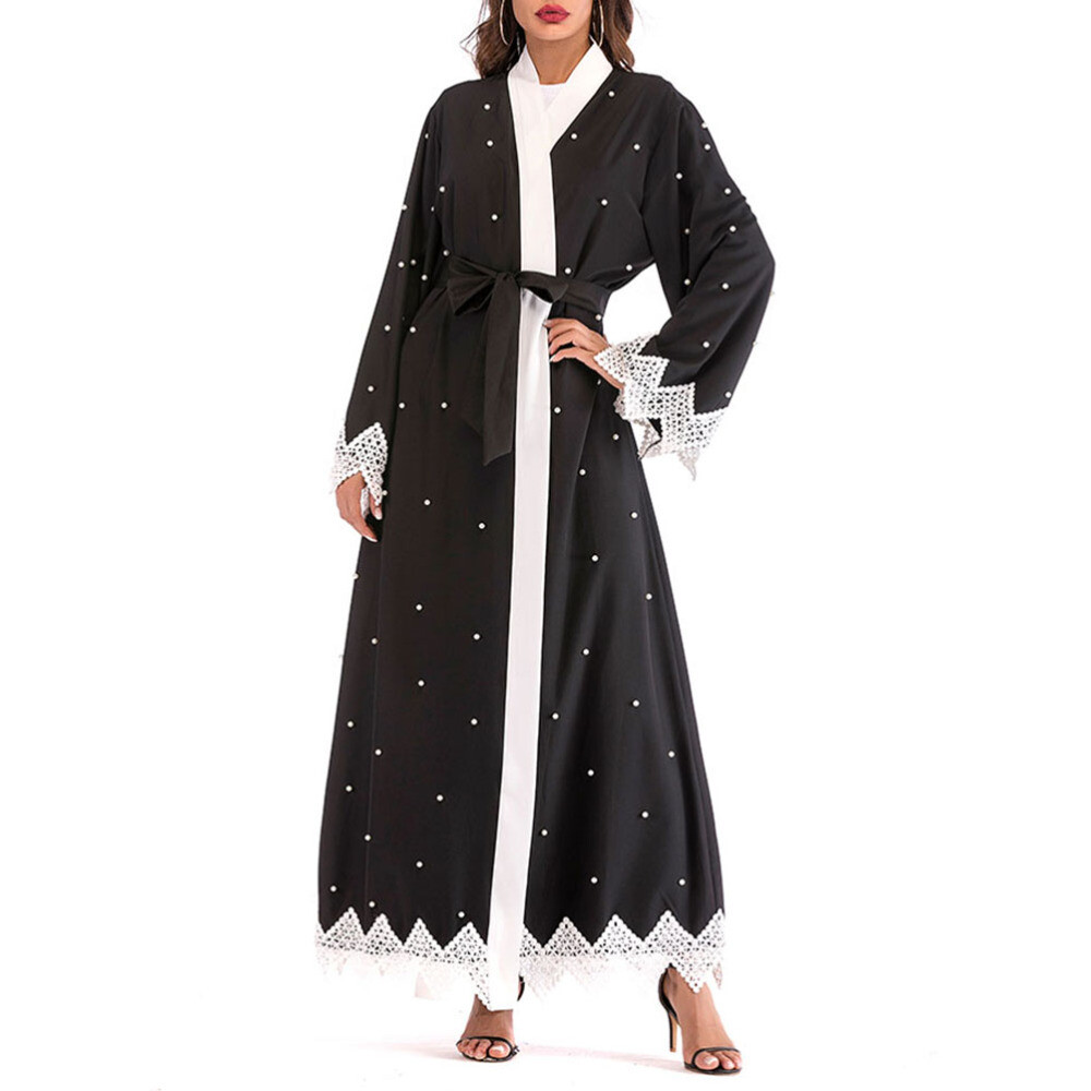 MARKENLOS 3 STÜCKE FRAUEN ROBE LOSE LANGARM PATCHED PERLEN MODE DUBAI KAFTAN MUSLIM KLEID