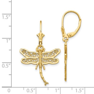 Pre-owned Superdealsforeverything Real 14kt Yellow Gold Dragonfly W/filigree Wings Leverback Earrings