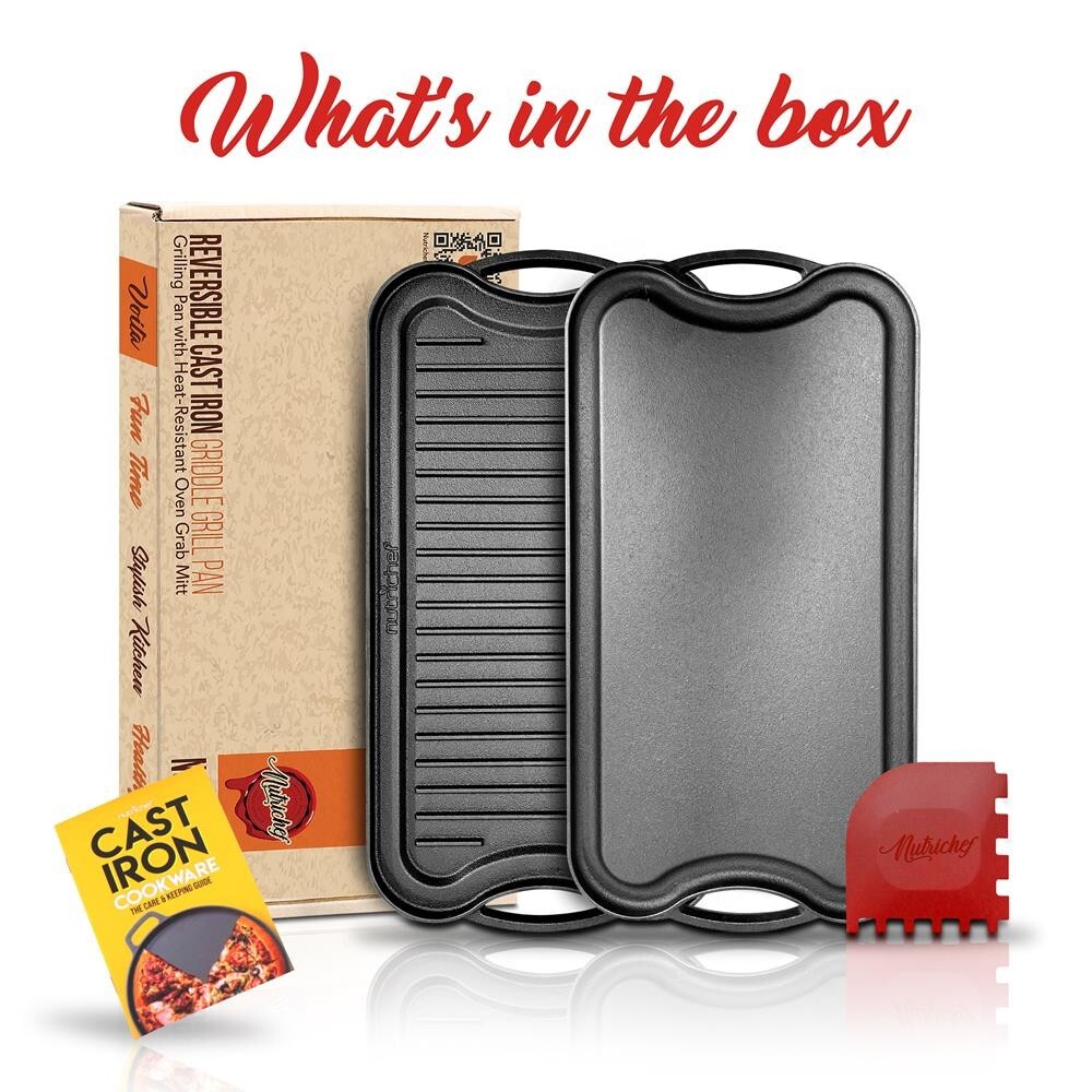 NutriChef Kitchen Plate Reversible Cast Iron Griddle, Classic Flat Grill Pan