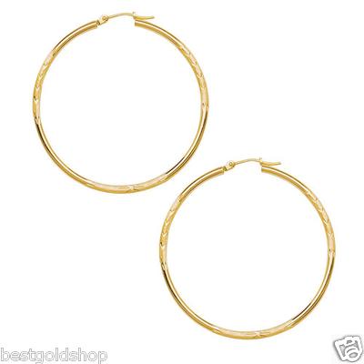 Pre-owned Bestgoldshop 2" 50mm Large Diamond Cut Hoop Earrings Real 10k Yellow Gold 2mm Free Shipping