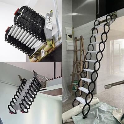 Black Folding Ladder Narrow Wall-mounted Loft Stairs 8.2-9.8 ft Pull Down Ladder