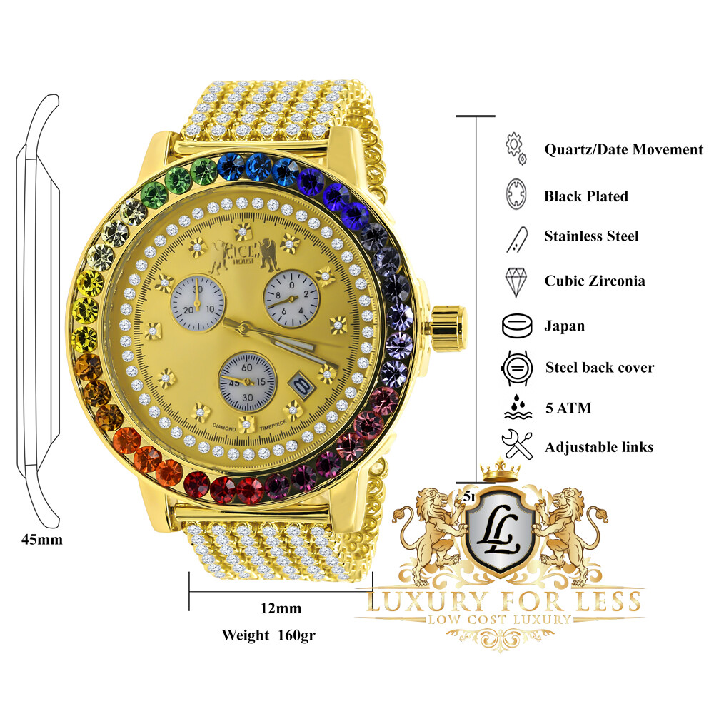 Pre-owned Ice House Men's Exclusive Custom Watch Xl Rainbow Multi Gold Tone Real Diamond Dial W/date