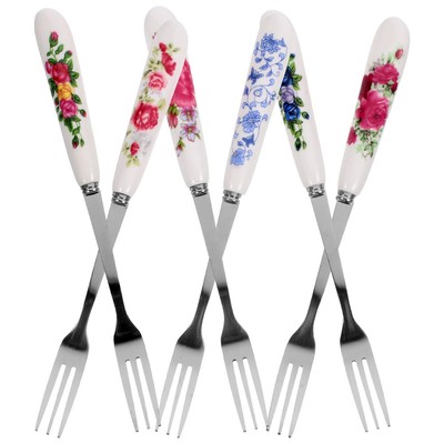  6Pcs Multi-function Dessert Forks Portable Small Forks Ceramic Handle Cake Fork