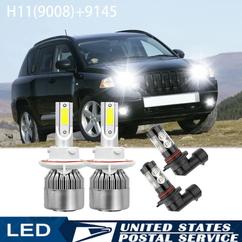 For Jeep Compass 2007 2008 2009 Combo 4x LED Headlights + Fog Light White Bulbs
