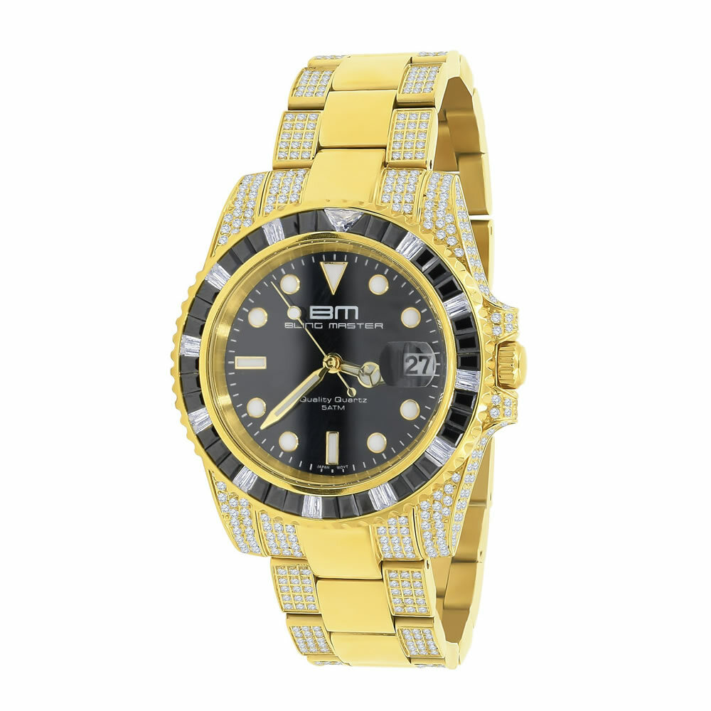 Pre-owned Bling Master Full Steel 18k Yellow Gold Simulated Diamond 40mm Presidential Mens Watch W/date