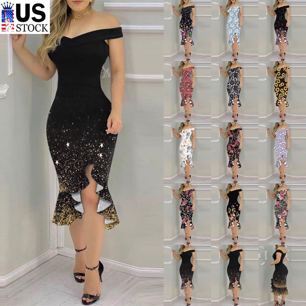 Women Off Shoulder Midi Dress Sleeveless Sexy V Neck Evening Cocktail Party Gown