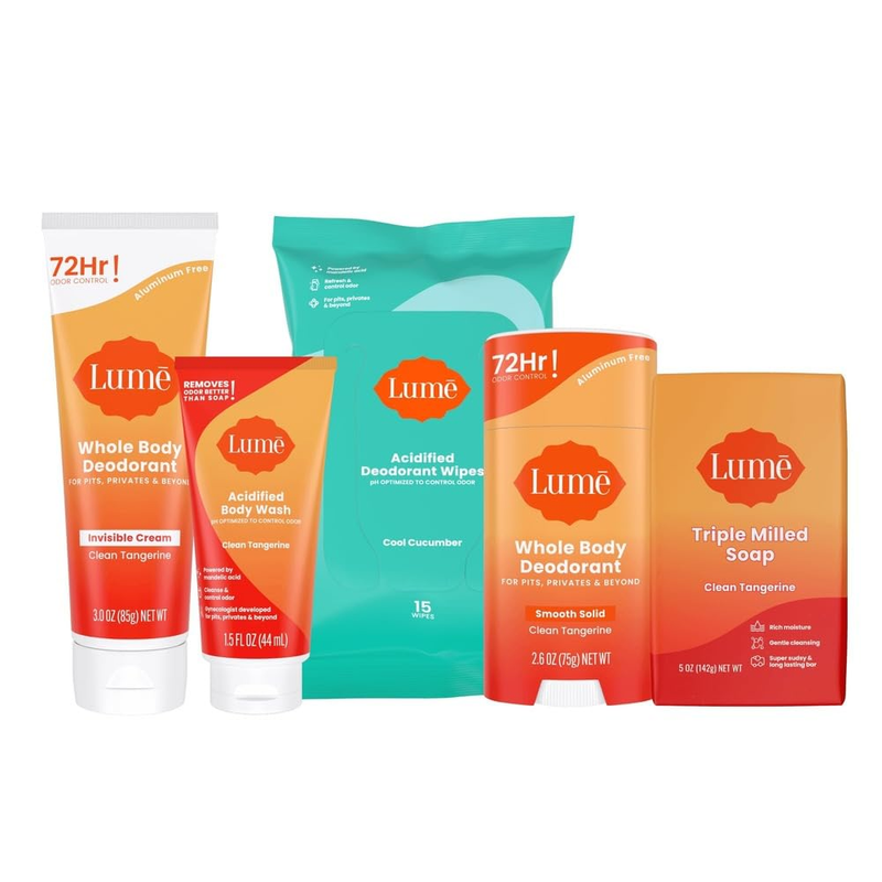 Lume Whole Body Deodorant - Stick, Tube, Body Wash Mini & Wipes (Tangerine)