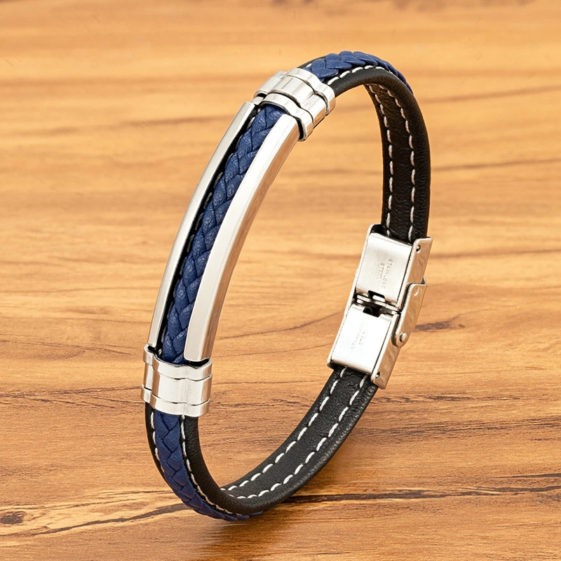 Fashion Woven Genuine Leather Metal Stainless Steel Safety Buckle Bracelet Men B