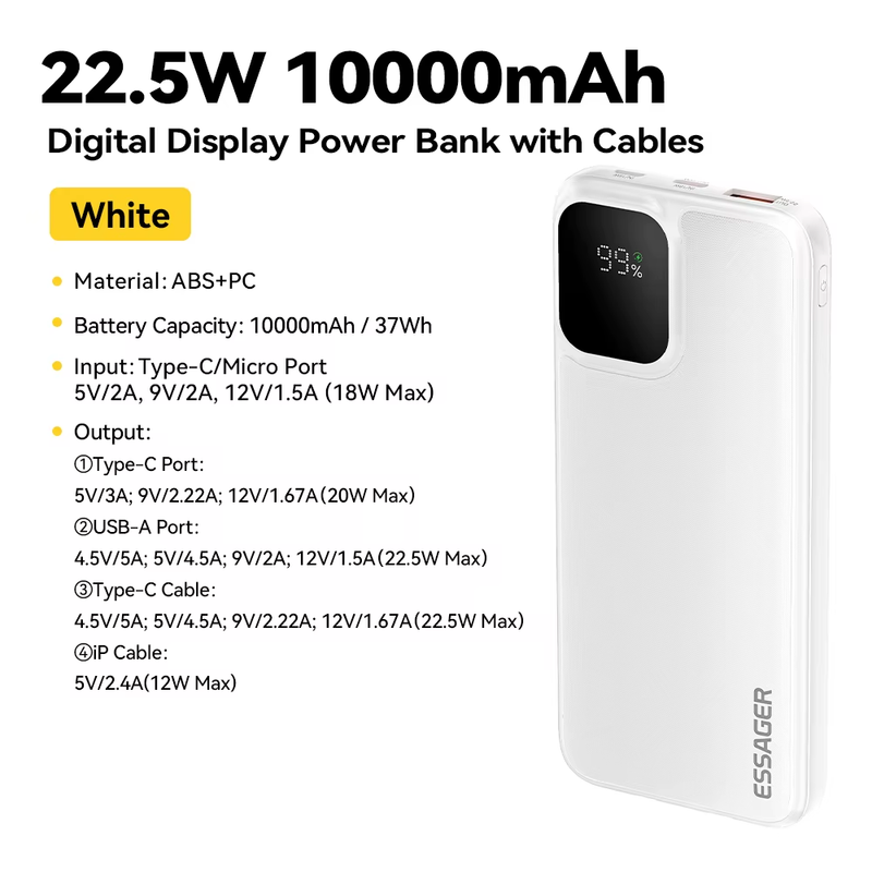 Portable Power Bank 20000mAh with Two Built-in Cables External Battery PD 22.5W