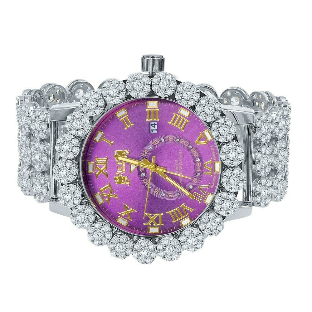 Pre-owned Icy Purple Amethyst 12 Real Diamond Roman Dial Flower Band Bezel Gold Tone Watch