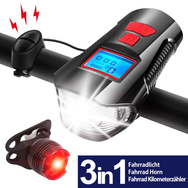 LED Fahrradlicht Rücklicht Set Vorne Hinten Fahrradbeleuchtung Mit Horn&Odometer