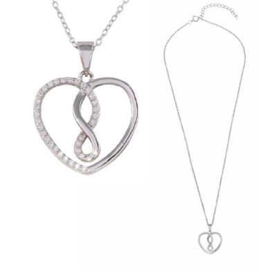 Sterling Silver Necklace w/ CZ Stones Open Heart Infinity Pendant