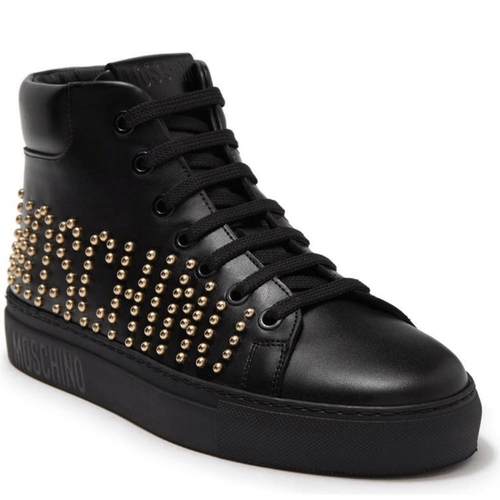 Pre-owned Moschino High Top Logo Studded Leather Sneaker Size 7 In Black