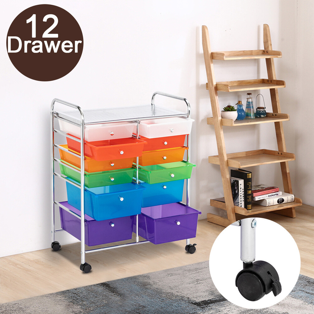 Multi Color 12 Plastic Drawers Rolling Storage Cart Office School