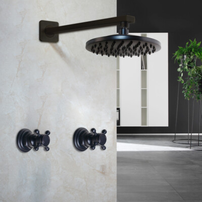 8 inch Rain Black Round Shower Head W/ Arm 2 Cross Handle Wall Mount Faucet Set