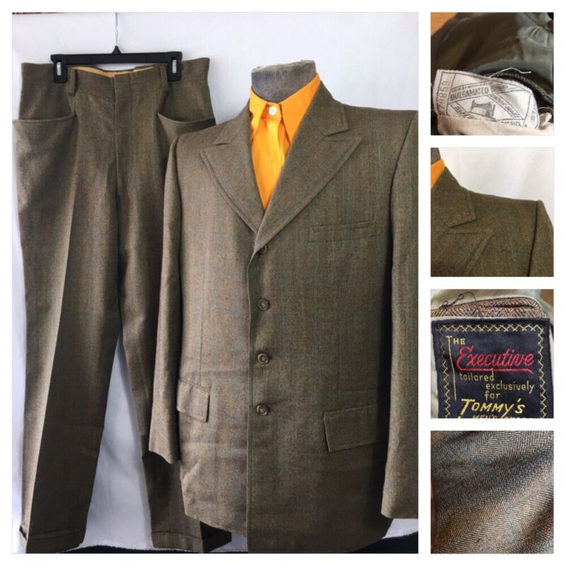 Vtg 60s Executive Herringbone 2Pc Suit 42R Windowpane Brown 34x31 Pants 4B Wool