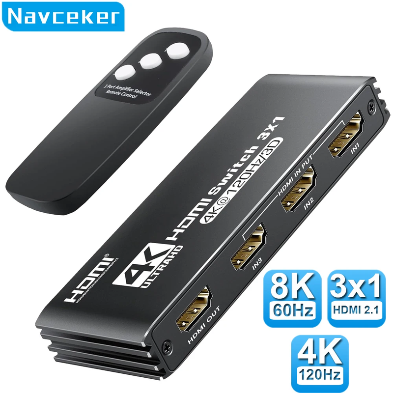 HDMI 2.1 Switcher 8K 60Hz 4K120Hz HDMI-compatible Switch 3 in 1 Out with Remote