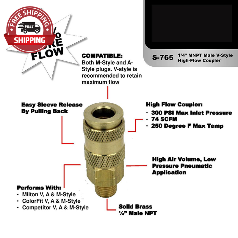 Milton 1/4" MNPT V-Style Coupler High Flow Air Compressor Fitting