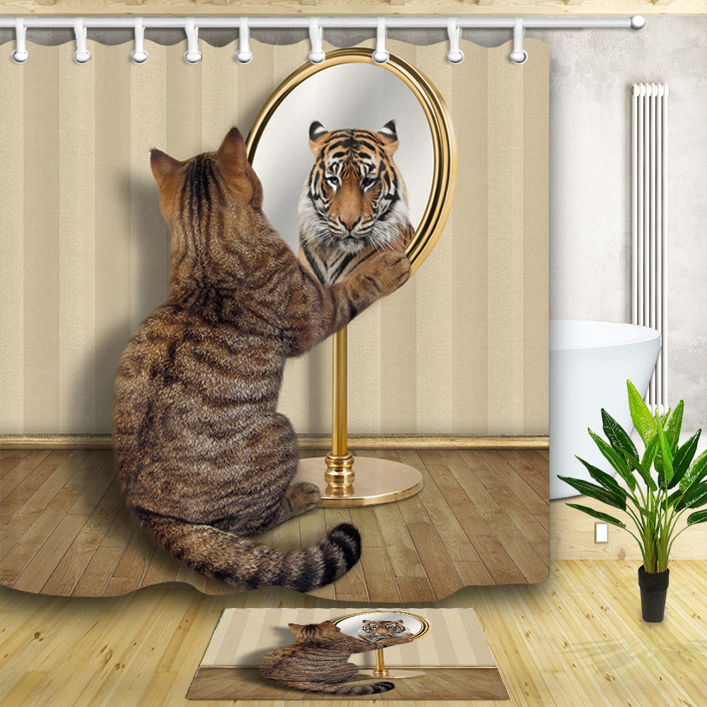 Cat Looks At The Tiger In The Mirror Curtain Shower Home Bathroom