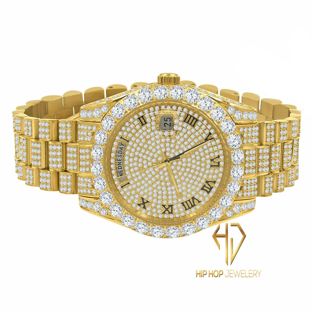 Pre-owned Bling Master 18k Yellow Gold Finish Solid Stainless Steel Day Date Roman Dial Solitaire Bezel