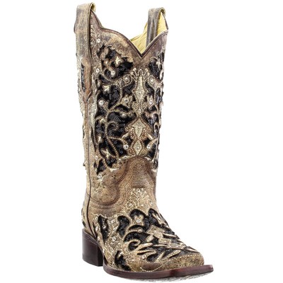Pre-owned Corral Boots Sequined Tooledinlay Square Toe Cowboy Womens Brown Dress Boots A3
