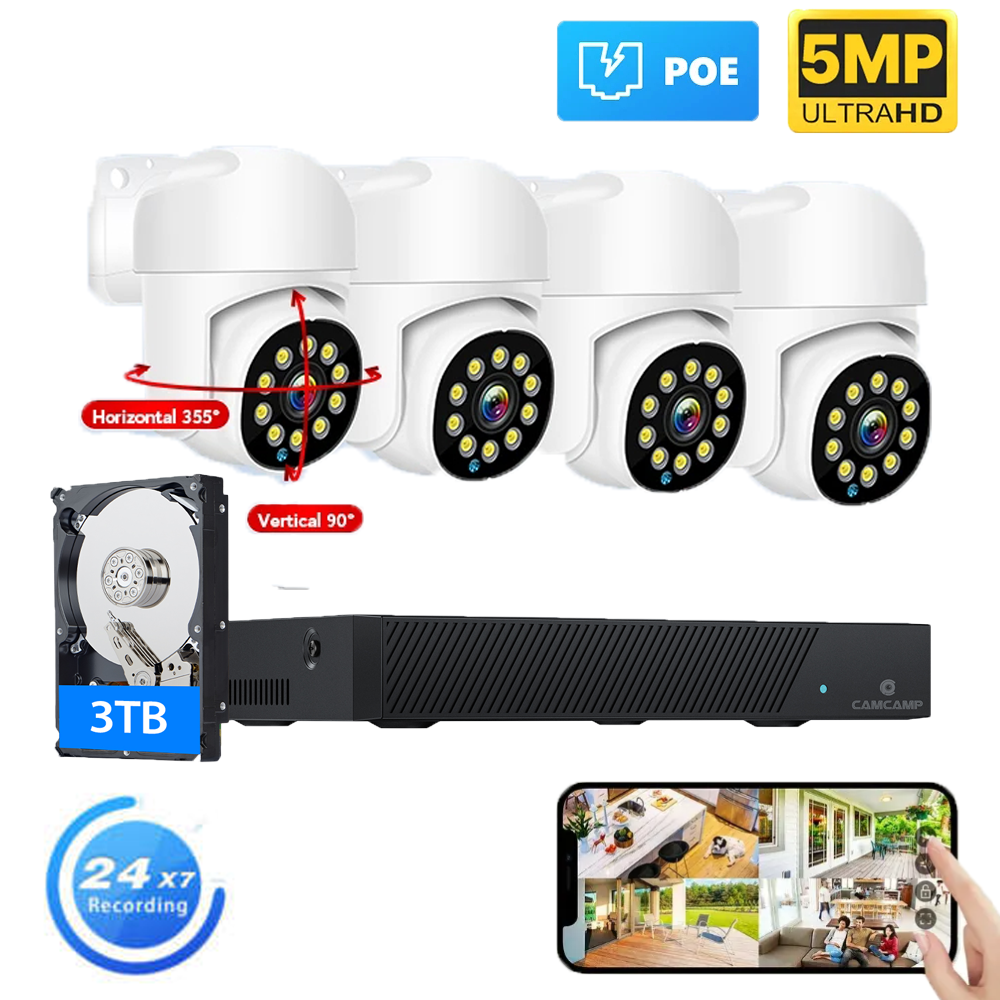 Camcamp 5MP PoE PTZ Security Camera System 360° View Auto Track 8CH NVR 3T HDD