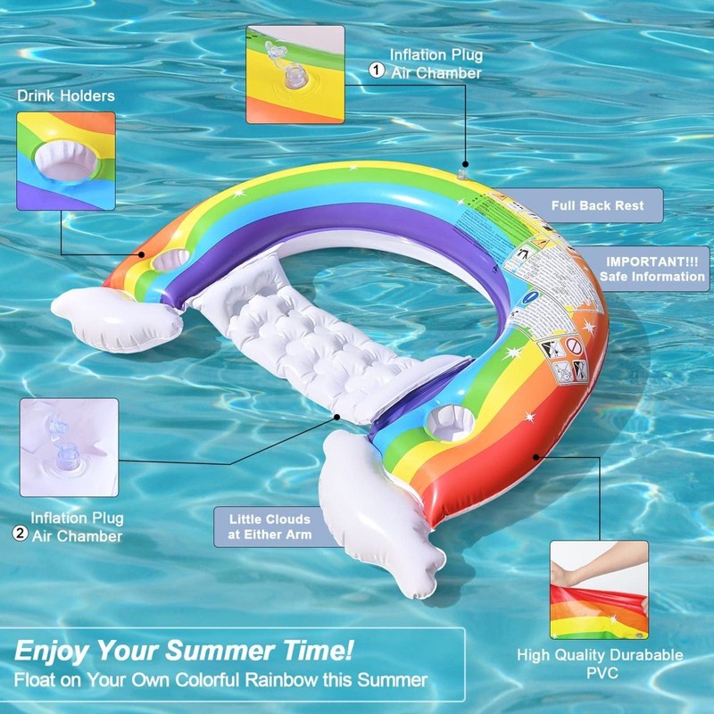 Rainbow Inflatable Pool Float Chair with 2 Cup Holders, Adults & Kids Lake Beach