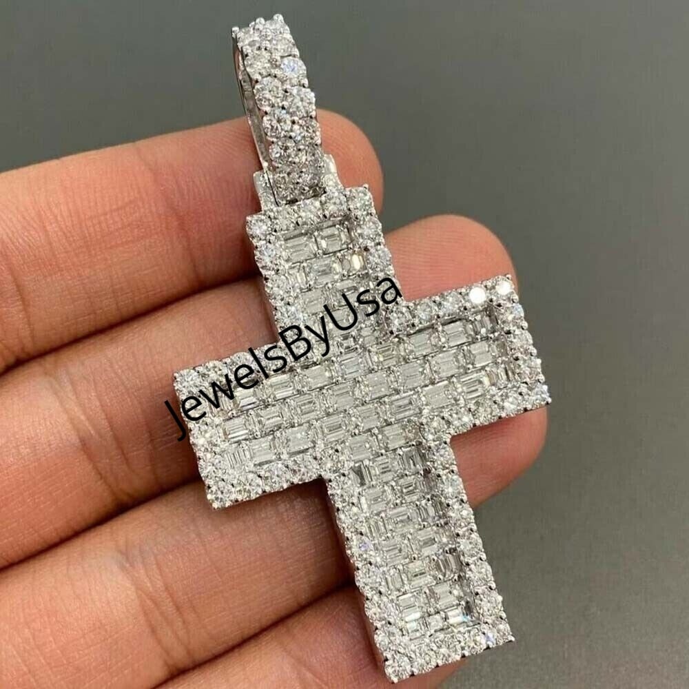 Pre-owned Nsg Men's Studded Cross Pendant 3.50ct Baguette Moissanite White Gold Plated Silver
