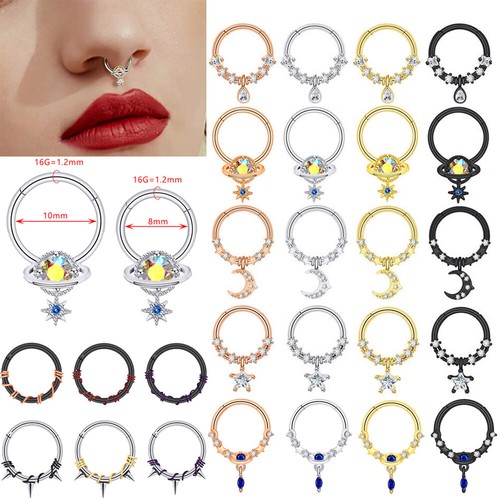 16G Septum Ring Clicker Dangle Nose Ring Planet CZ Surgical Steel