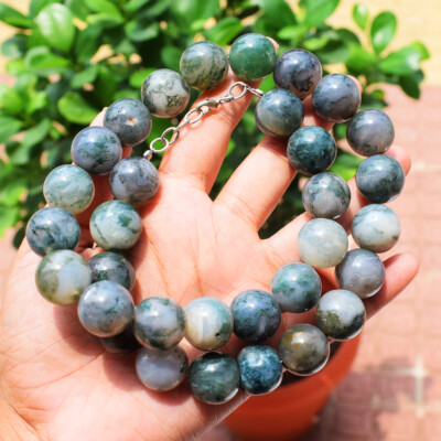 922 Cts Earth Mined Moss Agate Round Shape Beads Necklace Jewelry SK 36N487
