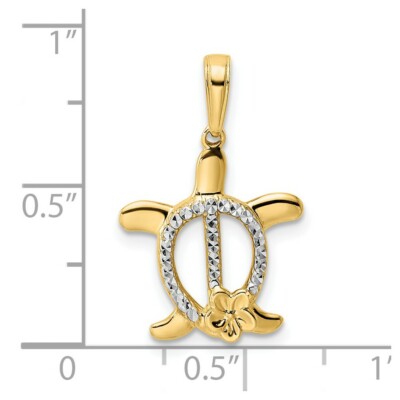 Pre-owned Superdealsforeverything Real 14kt And White Rhodium Diamond-cut Turtle W/ Flower Pendant