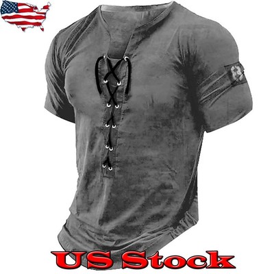 Men's Short Sleeve V-Neck T-Shirt Tops Vintage Lace Up V Neck Blouse Shirt US