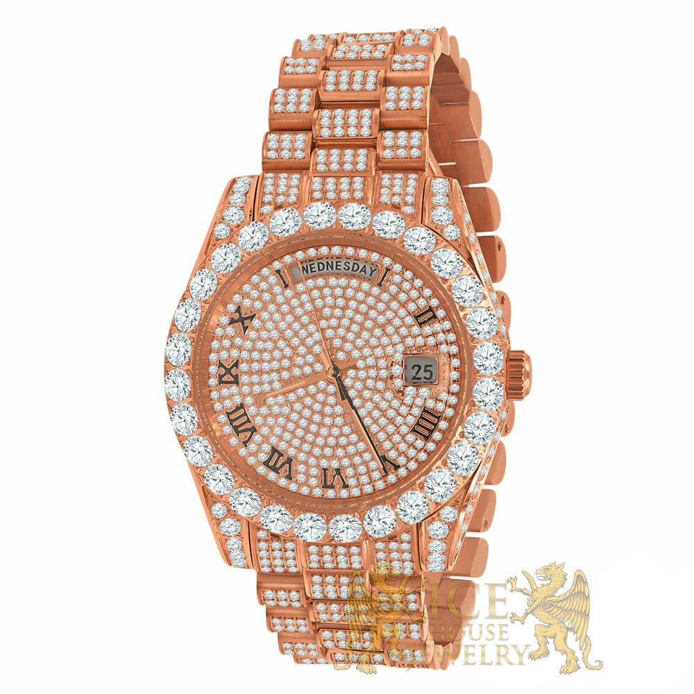 Pre-owned Bling Master Solid Stainless Steel Solitaire Roman Dial 18k Rose Gold Day & Date Men's 40 Mm
